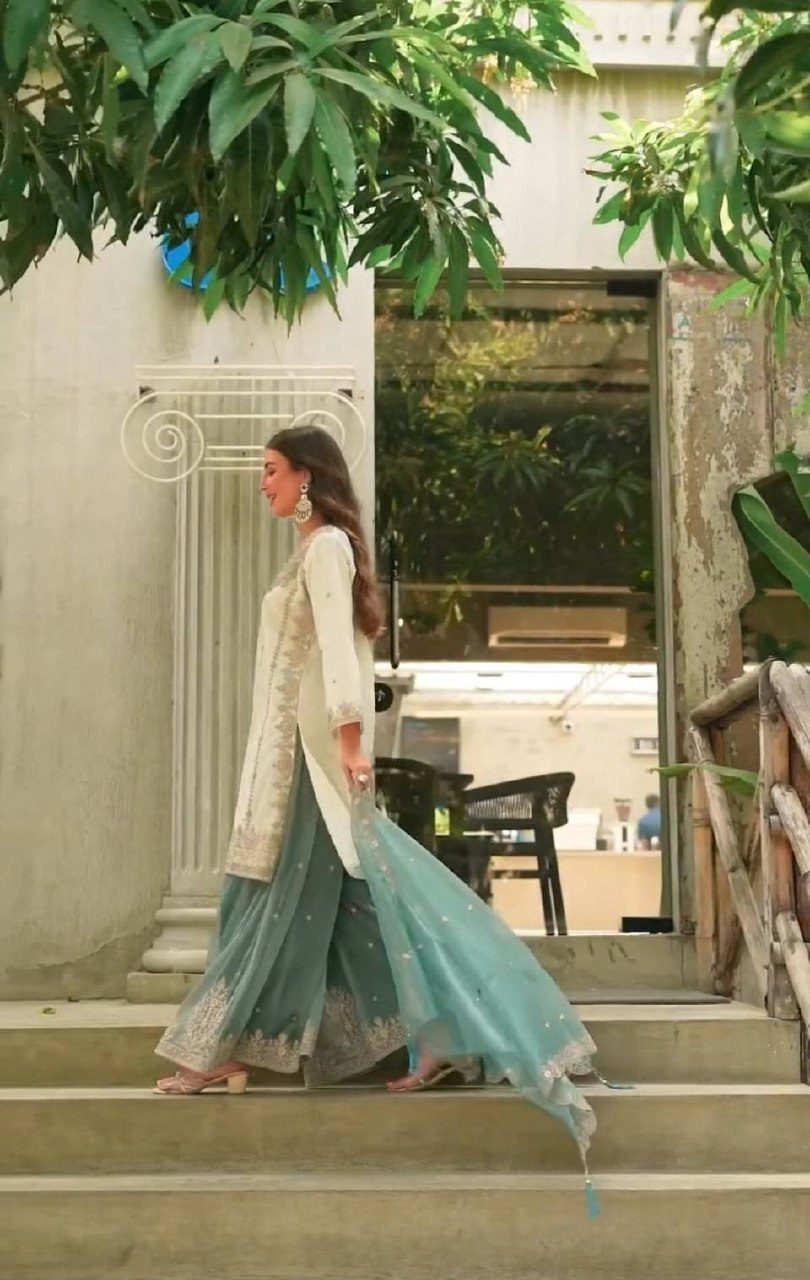 Ivory & Sea Glass Embroidered Kurta Set